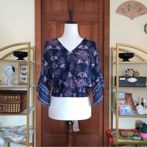 5/$15Twine & String smocked waist flare sleeve Boho Top (M)